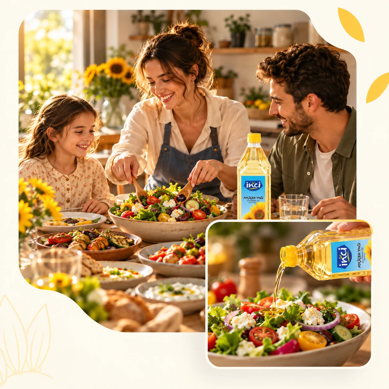 Family preparing a salad together, with oil being added to the dish