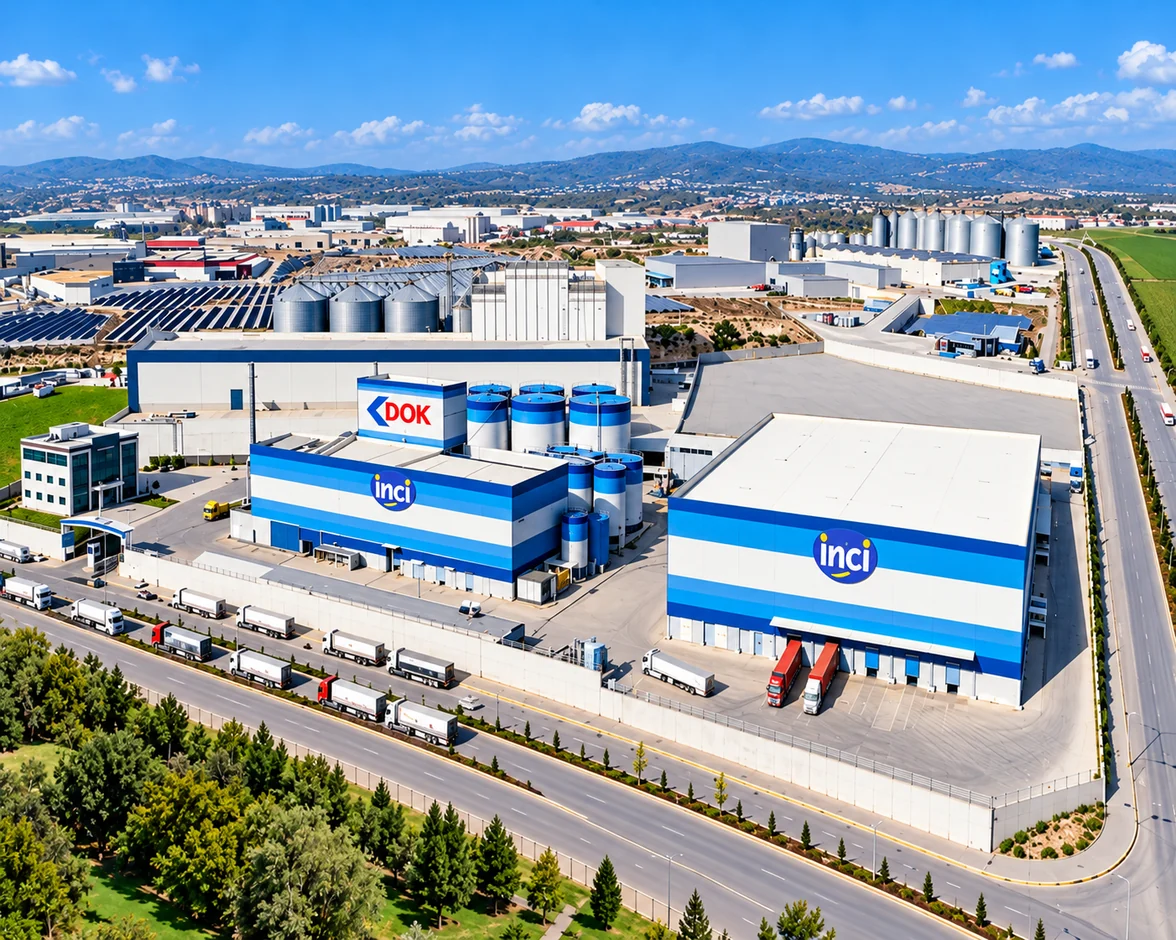 Aerial view of the production facility and surroundings featuring the İnci and Dok brands