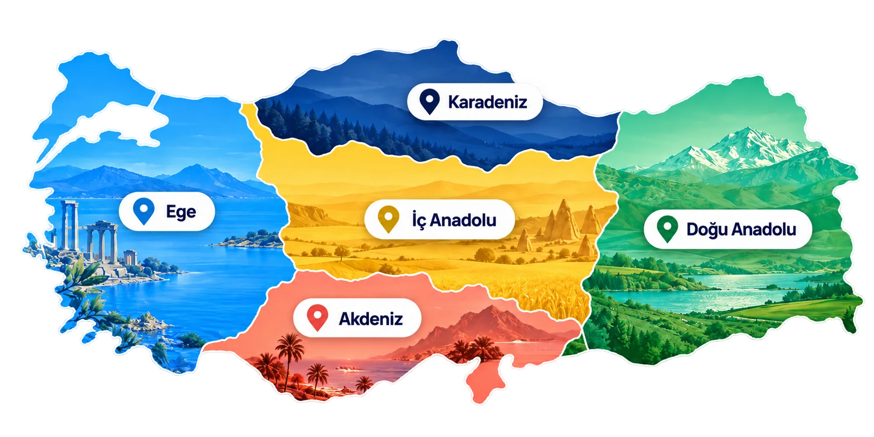 Türkiye üzerindeki Akdeniz, Ege, İç Anadolu, Karadeniz ve Doğu Anadolu satış bölgelerini gösteren illüstratif harita